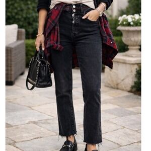 H&M High Waisted Straight Black Denim Jeans Button‎ Fly Frayed Hem Women size 6